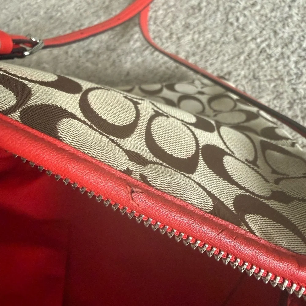 Coach Tan and Red Signature Shoulder Bag